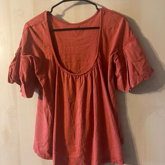 Frye short sleeve bell sleeve orange rust top round neck low back size small‎ - Picture 7 of 9